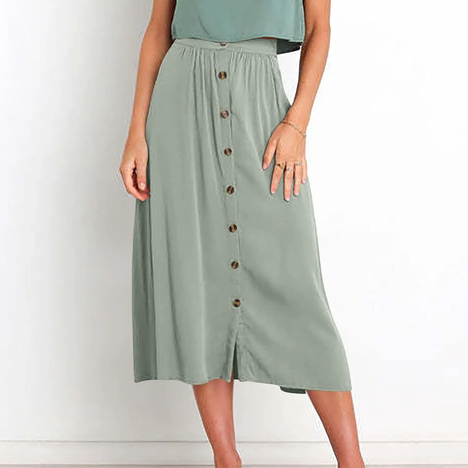 Oplxuo Womens Casual Summer Skirts Front Button A-Line High Waisted Midi Skirt with Pockets