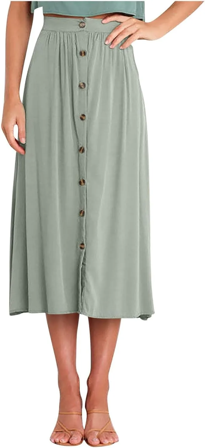 Oplxuo Womens Casual Summer Skirts Front Button A-Line High Waisted Midi Skirt with Pockets