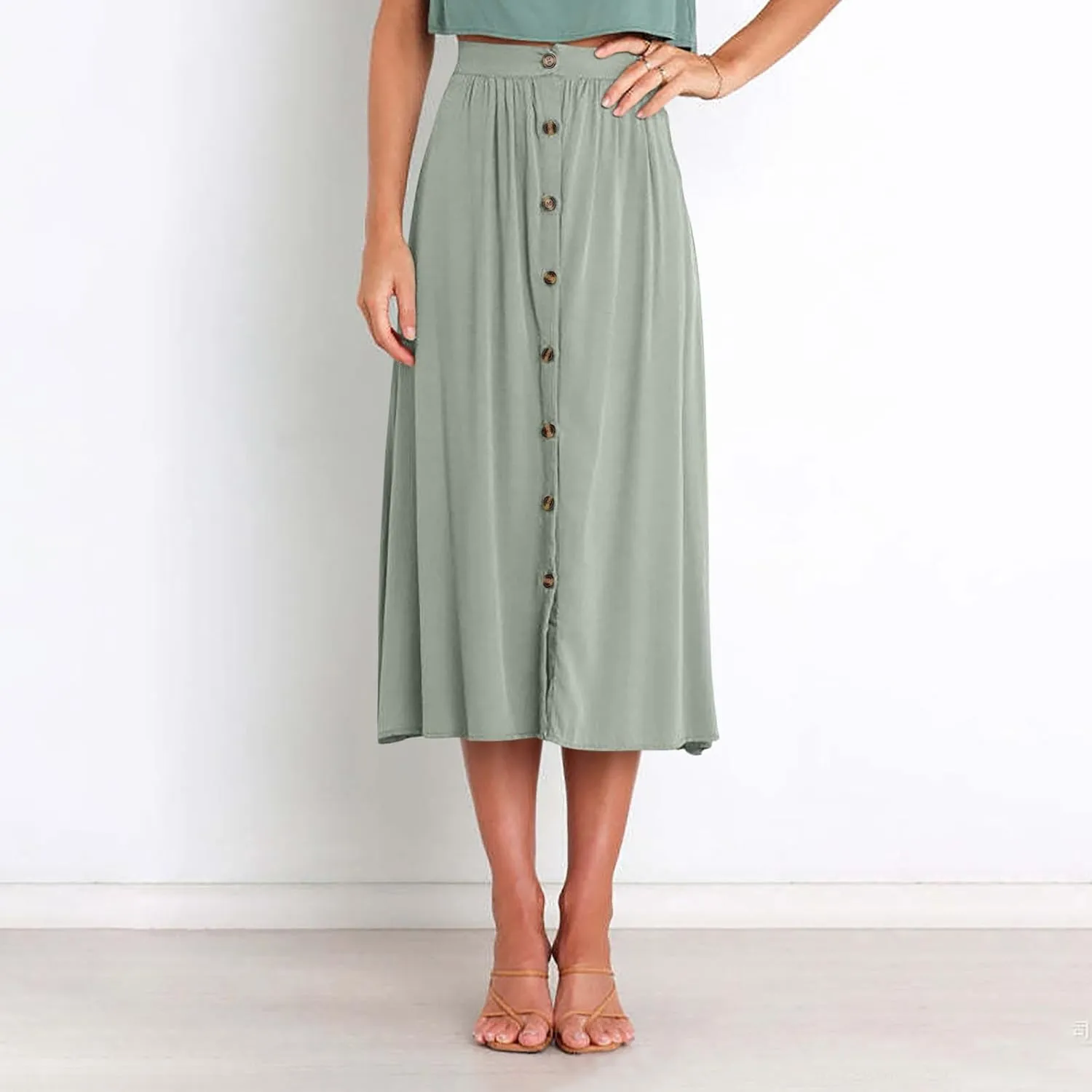 Oplxuo Womens Casual Summer Skirts Front Button A-Line High Waisted Midi Skirt with Pockets