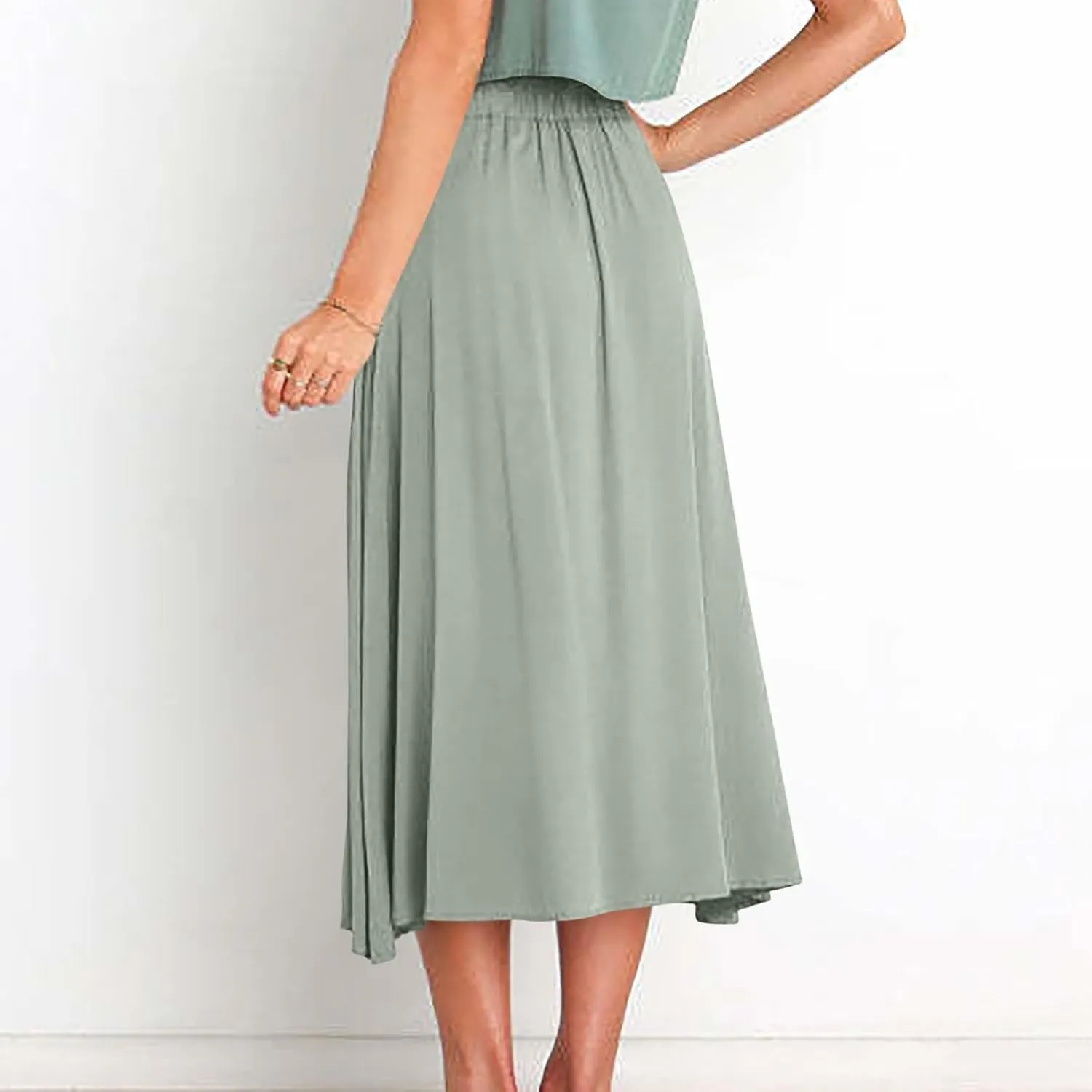 Oplxuo Womens Casual Summer Skirts Front Button A-Line High Waisted Midi Skirt with Pockets