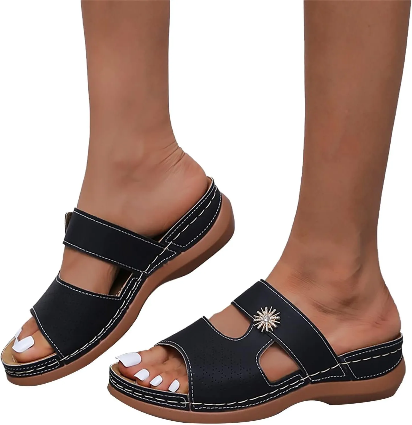 Orthopedic Sandals for Women Arch Support Summer Fish Mouth Peep Toe Slip on Wedge Slides Flower Rhinestone Hollow Comfy Outdoor Ladies Shoes