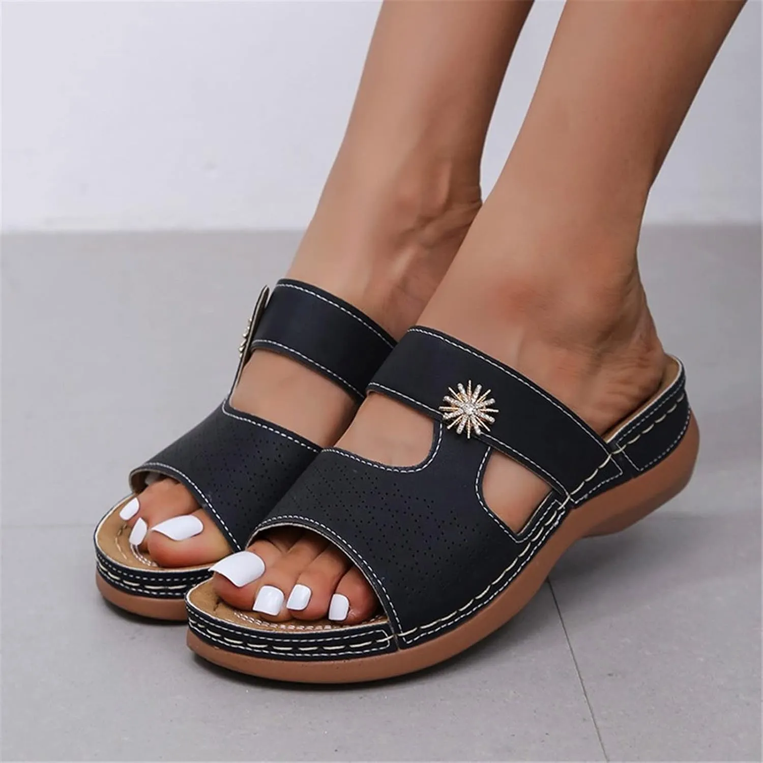 Orthopedic Sandals for Women Arch Support Summer Fish Mouth Peep Toe Slip on Wedge Slides Flower Rhinestone Hollow Comfy Outdoor Ladies Shoes