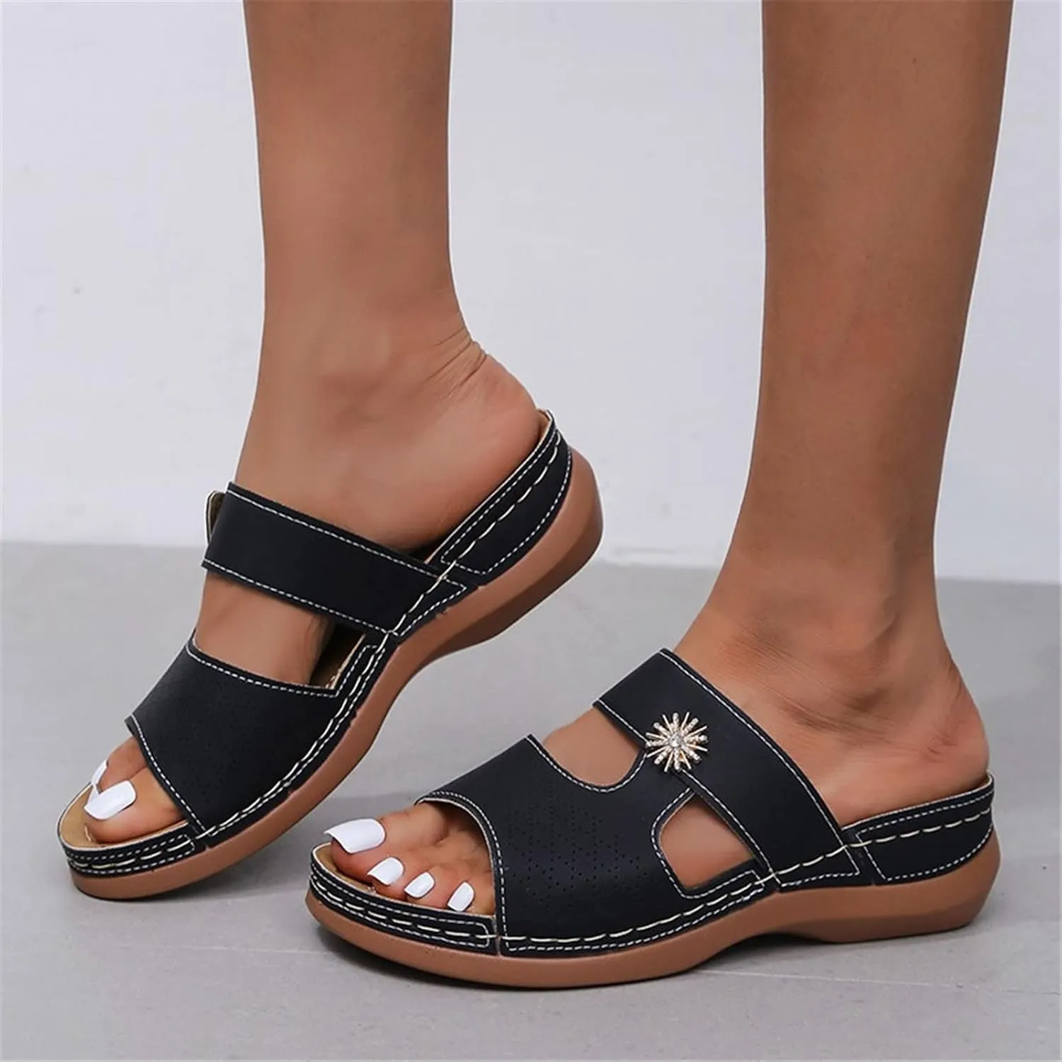 Orthopedic Sandals for Women Arch Support Summer Fish Mouth Peep Toe Slip on Wedge Slides Flower Rhinestone Hollow Comfy Outdoor Ladies Shoes
