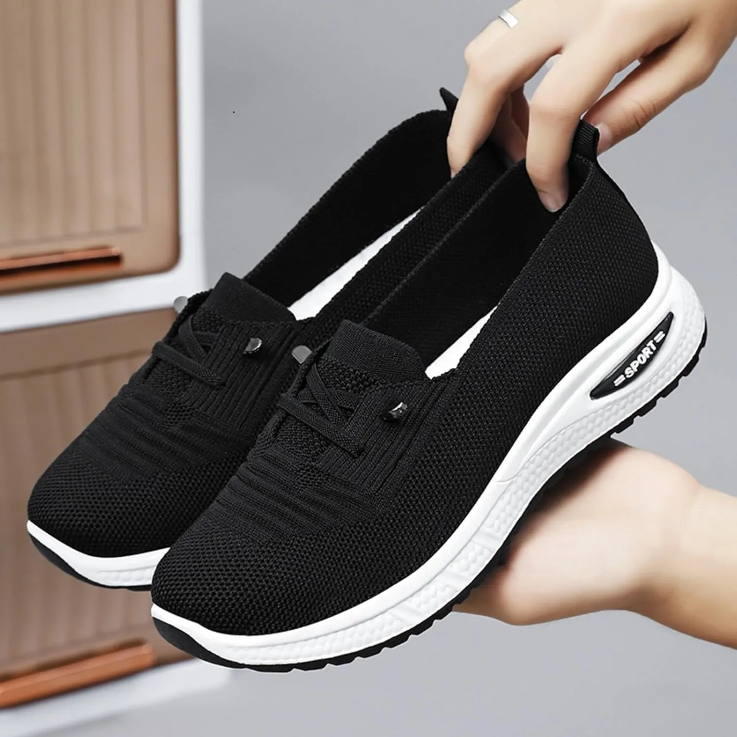 Orthopedic Sneakers for Women Slip On Lightweight Casual Loafers Breathable Mesh Knitted Woven Low Top Walking Shoes Arch Support Non-Slip Sneakers