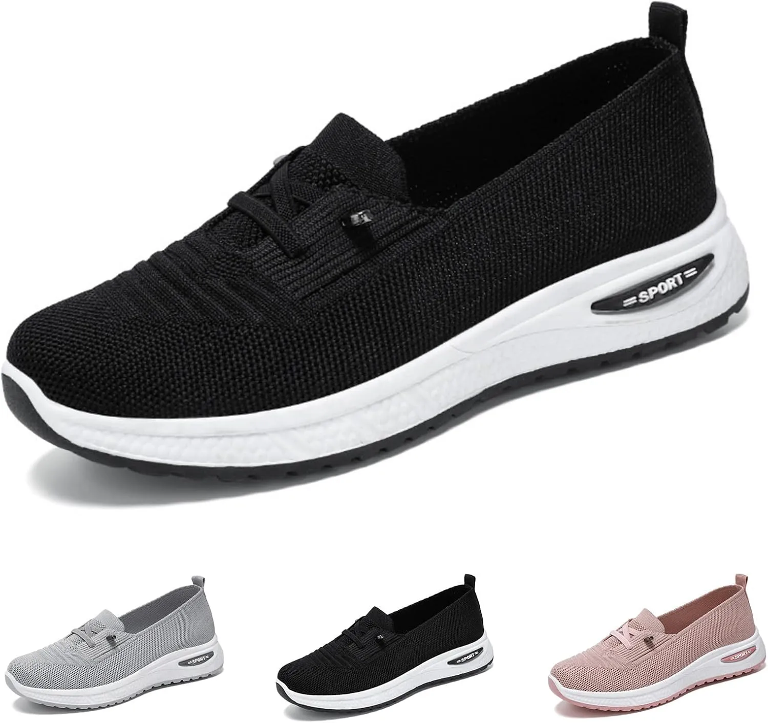 Orthopedic Sneakers for Women Slip On Lightweight Casual Loafers Breathable Mesh Knitted Woven Low Top Walking Shoes Arch Support Non-Slip Sneakers