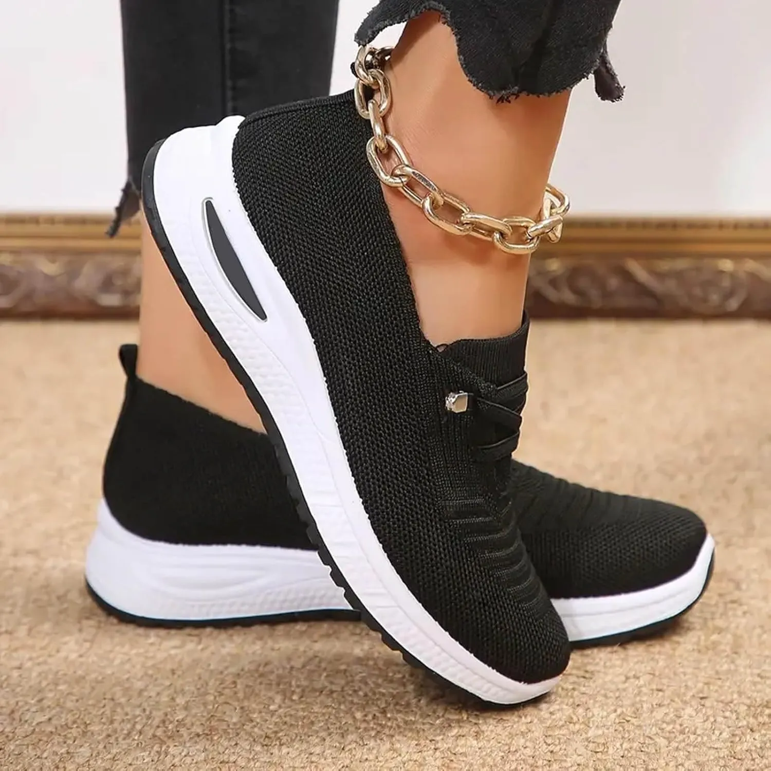 Orthopedic Sneakers for Women Slip On Lightweight Casual Loafers Breathable Mesh Knitted Woven Low Top Walking Shoes Arch Support Non-Slip Sneakers