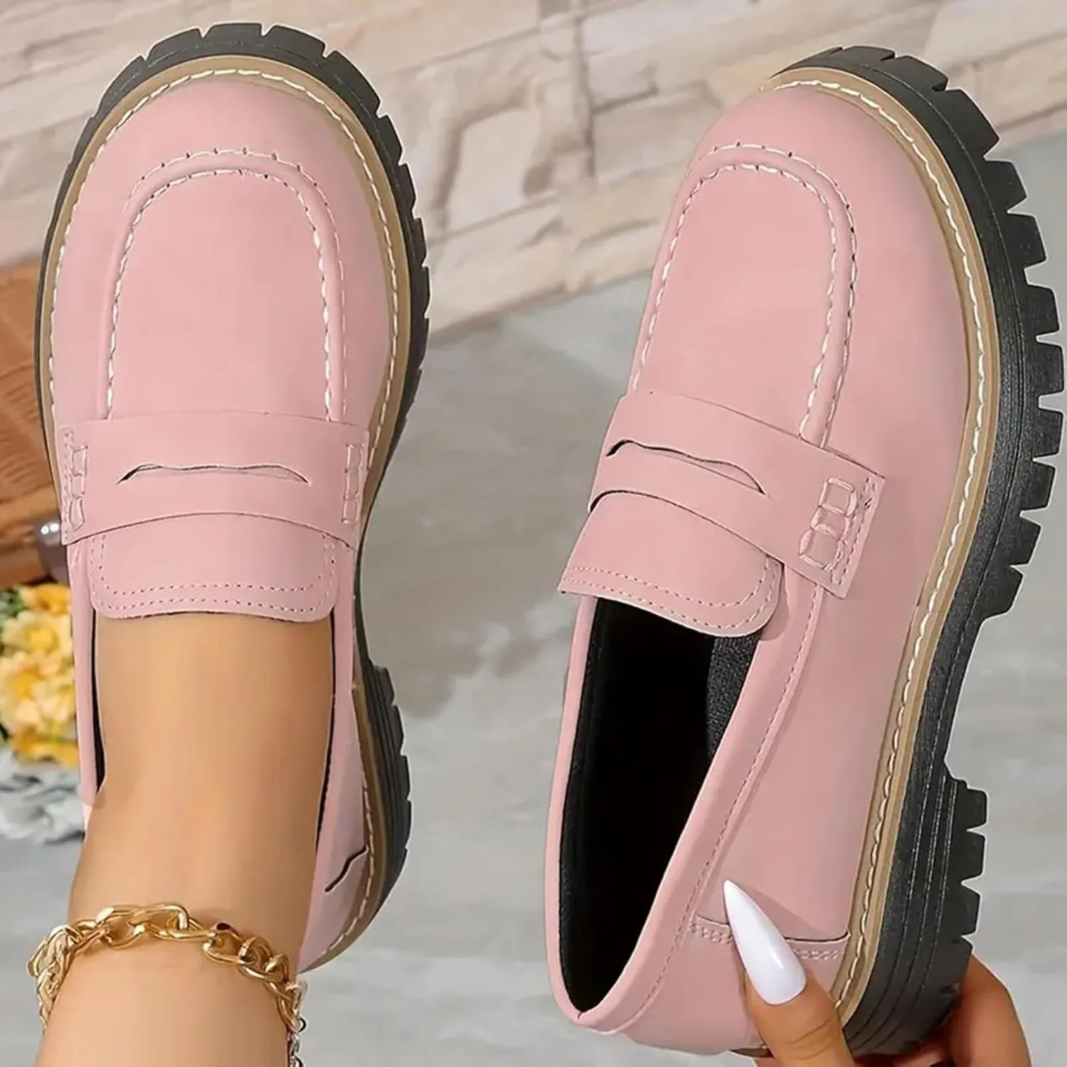 Orthoture-Orthopedic Platform Loafers Comfort Walking Shoes Womens Round Toe Slip on Loafers Lightweight Chunky Heel Shoes