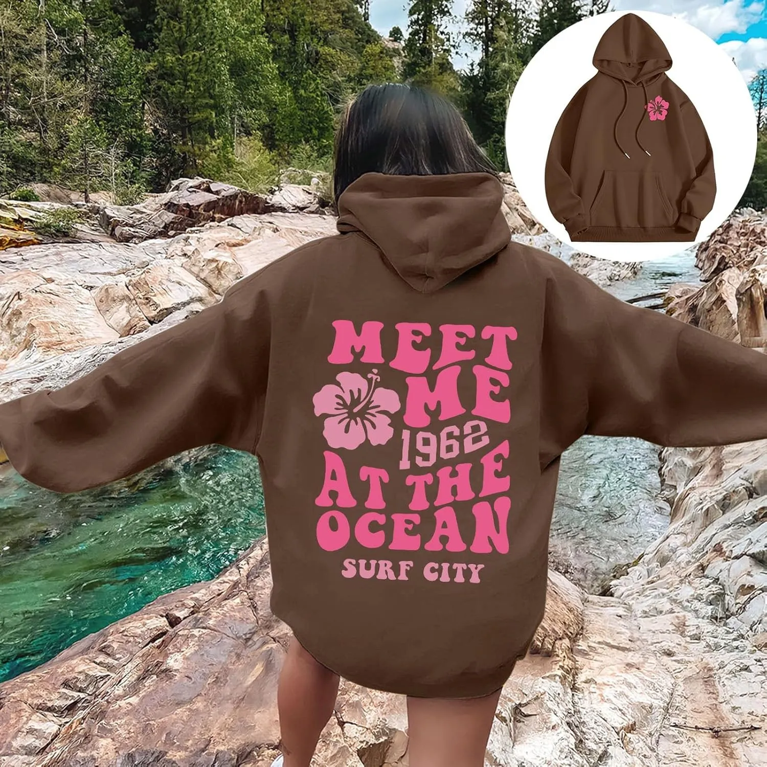 Oversized Hoodies For Women Long Sleeve Drawstring Letter Graphic Hoodies Palm Puff Fall Fashion Pullover Sweatshirt