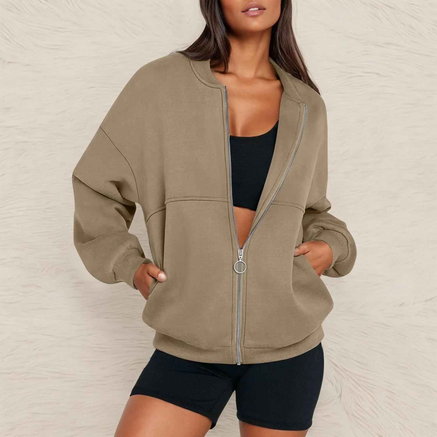 Oversized Zip Up Sweatshirt Women Bomber Fleece Zip Up Jacket Casual Athletic Workout Sweat Jackets with Pockets