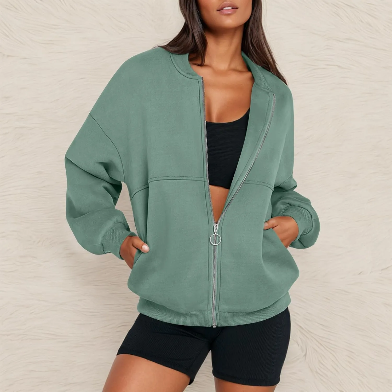 Oversized Zip Up Sweatshirt Women Fleece Bomber Zip Up Jacket Casual Teen Girls Athletic Sweat Jackets with Pockets