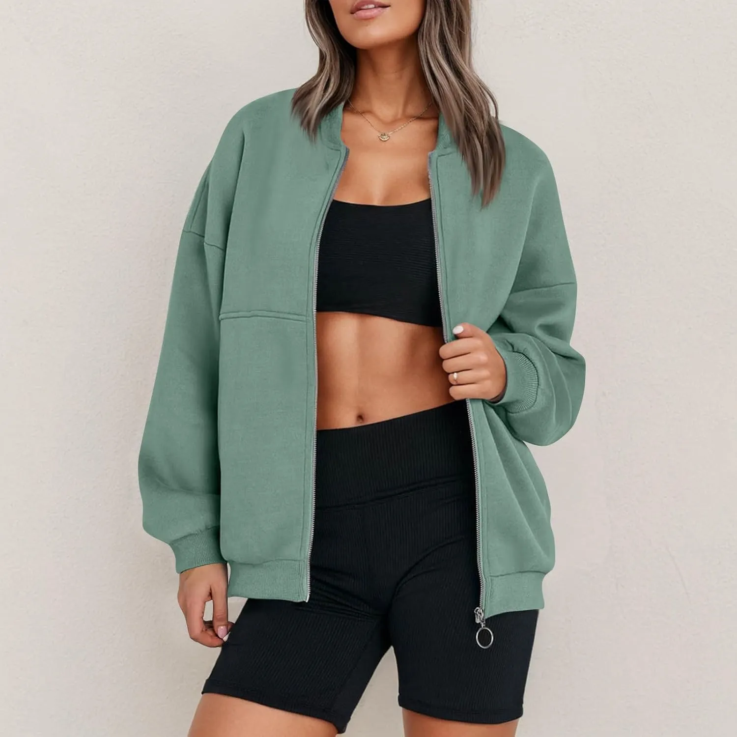 Oversized Zip Up Sweatshirt Women Fleece Bomber Zip Up Jacket Casual Teen Girls Athletic Sweat Jackets with Pockets
