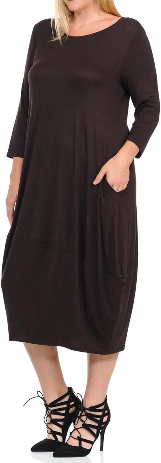 Pastel by Vivienne Women's Cocoon 3/4 Sleeve Mdi Dress Plus Size with Pockets