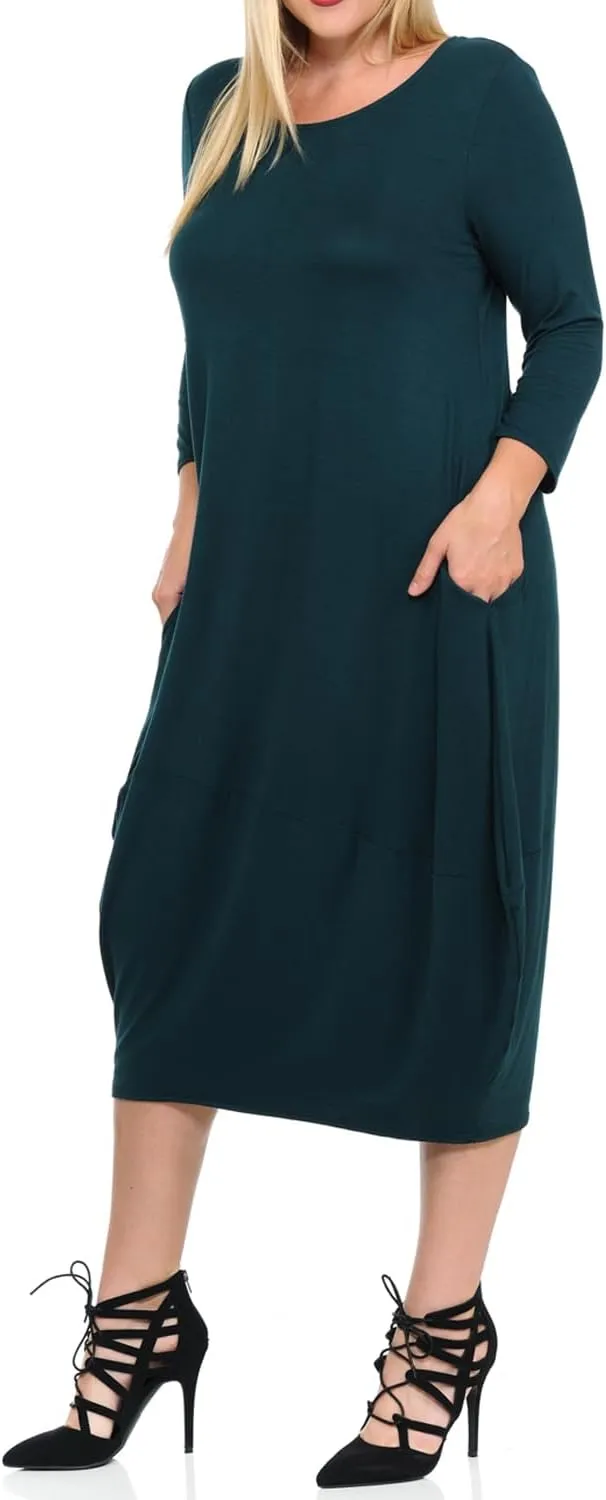 Pastel by Vivienne Women's Cocoon 3/4 Sleeve Mdi Dress Plus Size with Pockets