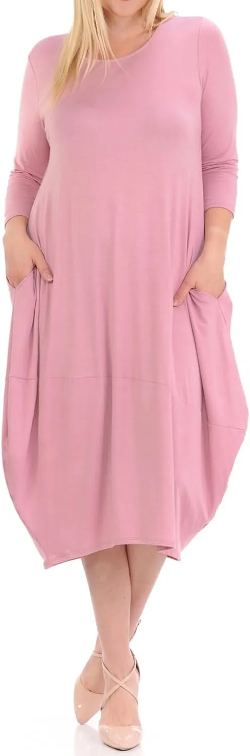 Pastel by Vivienne Women's Cocoon 3/4 Sleeve Mdi Dress Plus Size with Pockets