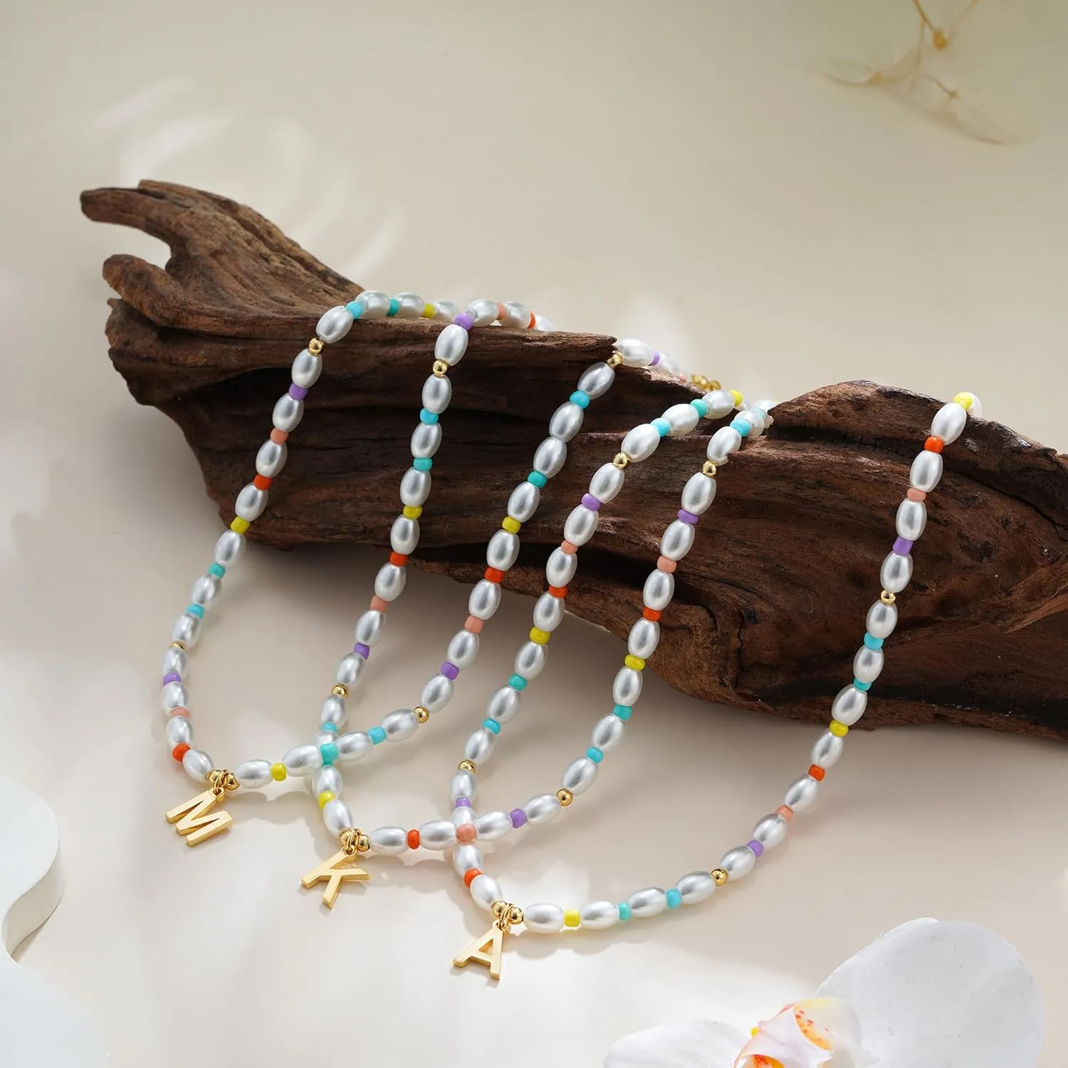 Pearl Initial Necklaces for Women, 14K Gold Plated Initial Necklaces Dainty Colorful Bead Peal Choker Necklaces for Women Pearl Jewelry Gifts
