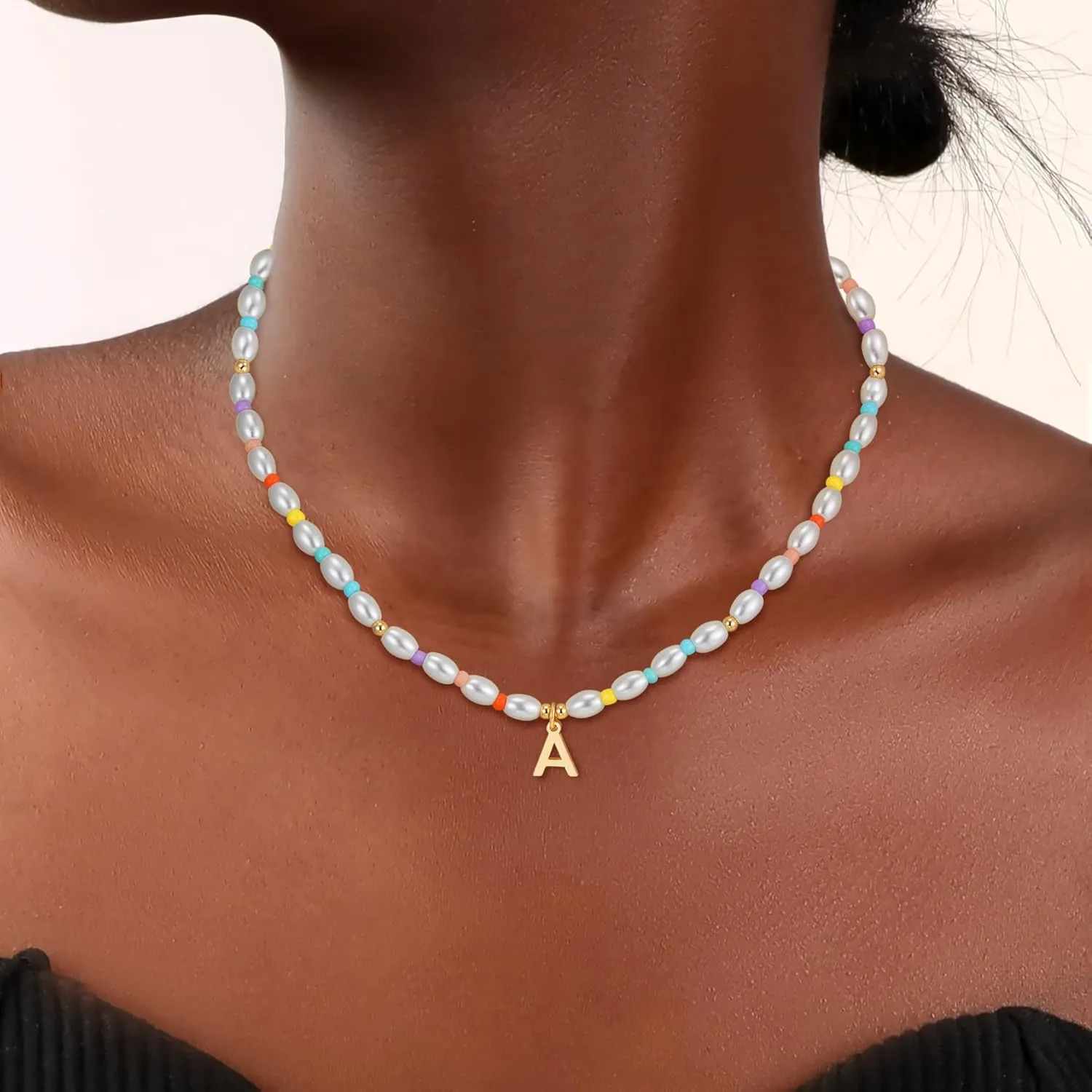 Pearl Initial Necklaces for Women, 14K Gold Plated Initial Necklaces Dainty Colorful Bead Peal Choker Necklaces for Women Pearl Jewelry Gifts