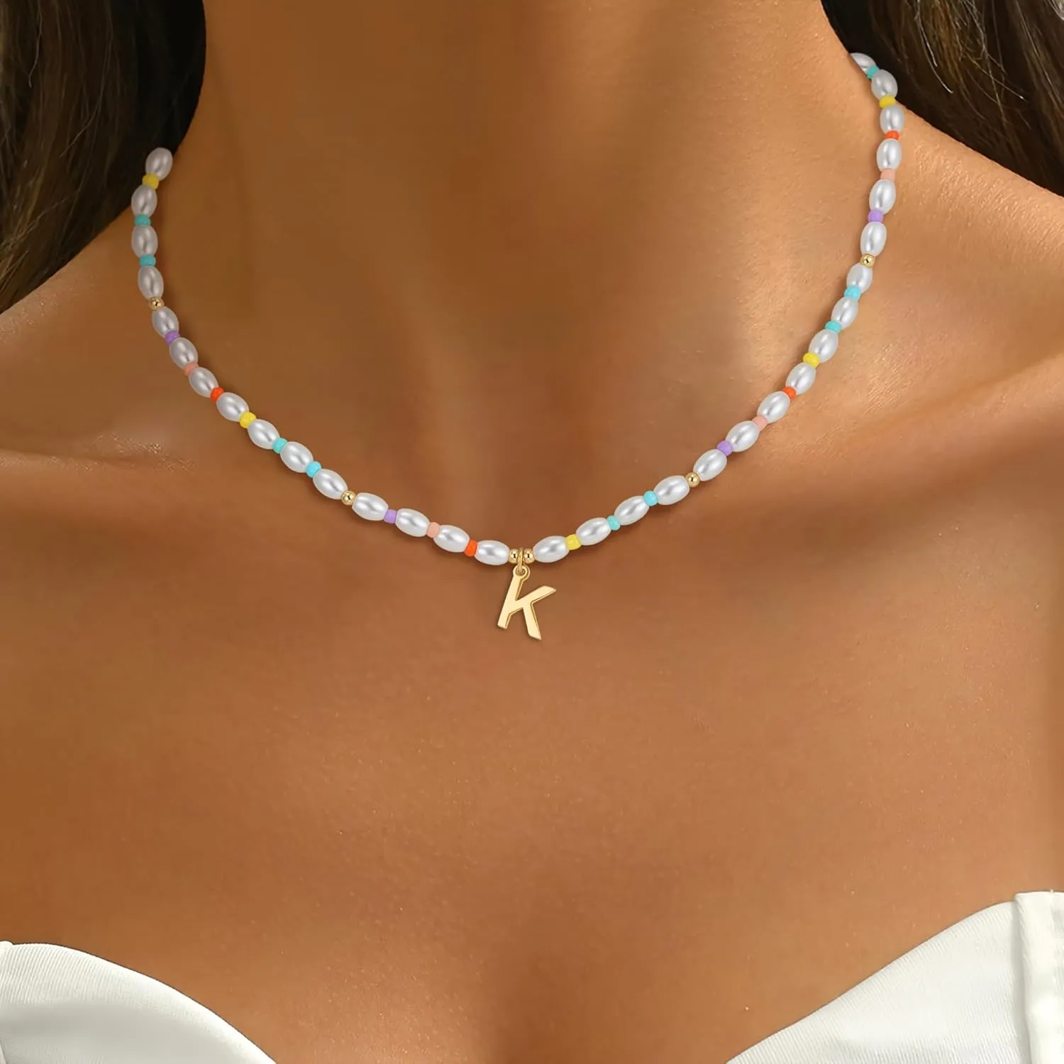Pearl Initial Necklaces for Women, 14K Gold Plated Initial Necklaces Dainty Colorful Bead Peal Choker Necklaces for Women Pearl Jewelry Gifts