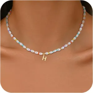 Pearl Initial Necklaces for Women, 14K Gold Plated Initial Necklaces Dainty Colorful Bead Peal Choker Necklaces for Women Pearl Jewelry Gifts
