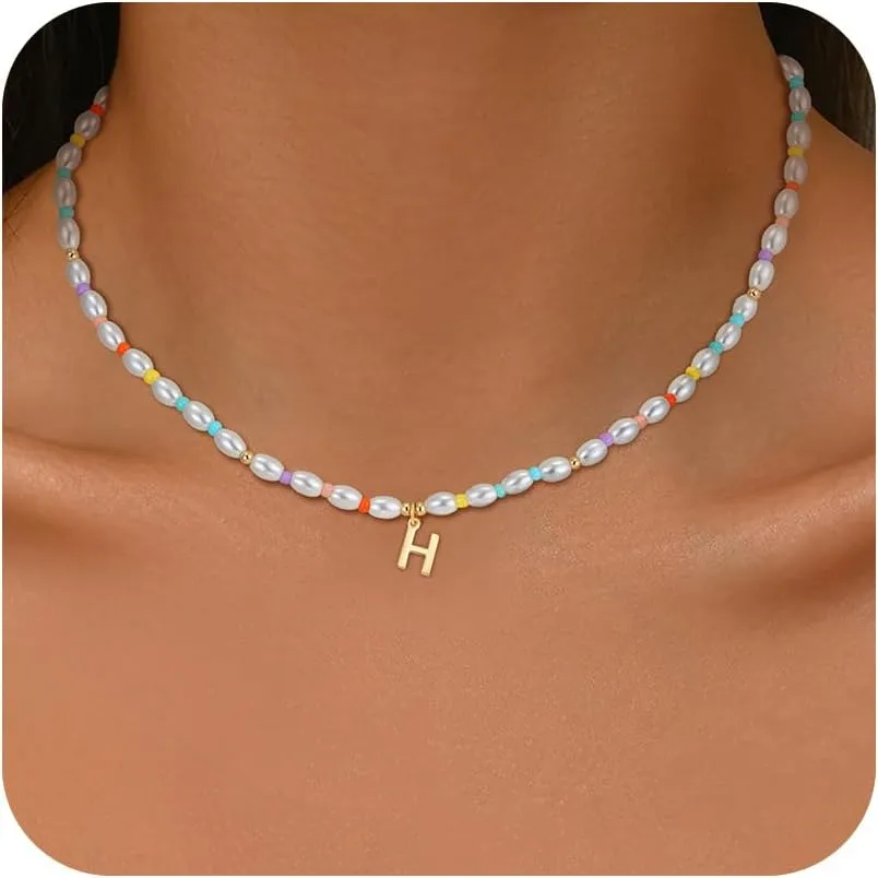Pearl Initial Necklaces for Women, 14K Gold Plated Initial Necklaces Dainty Colorful Bead Peal Choker Necklaces for Women Pearl Jewelry Gifts