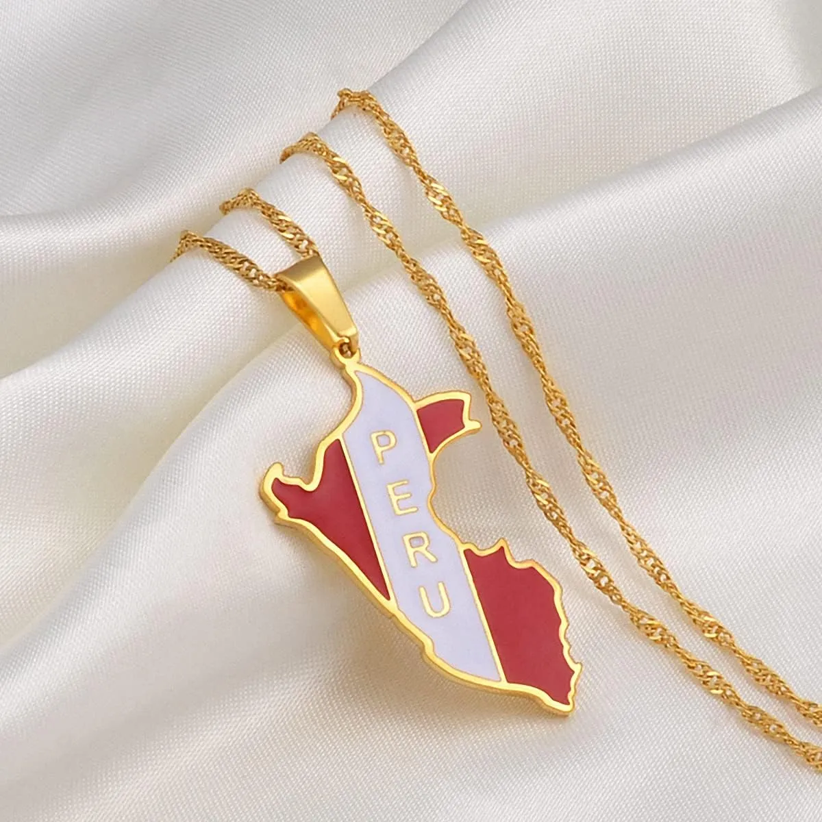 Peru Map With Flag Pendant Necklaces Peruvian Gold Flag Chain Pendant Necklaces