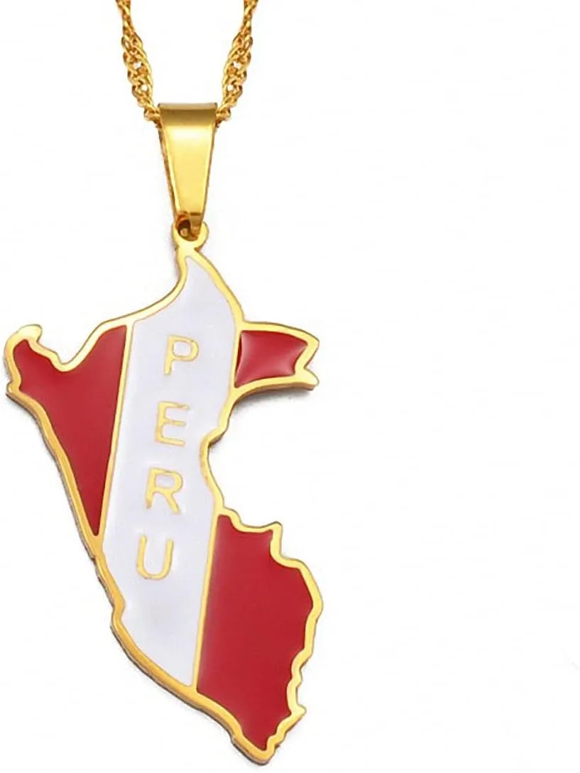 Peru Map With Flag Pendant Necklaces Peruvian Gold Flag Chain Pendant Necklaces