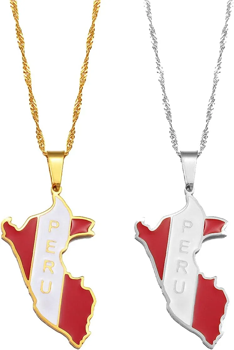 Peru Map With Flag Pendant Necklaces Peruvian Gold Flag Chain Pendant Necklaces