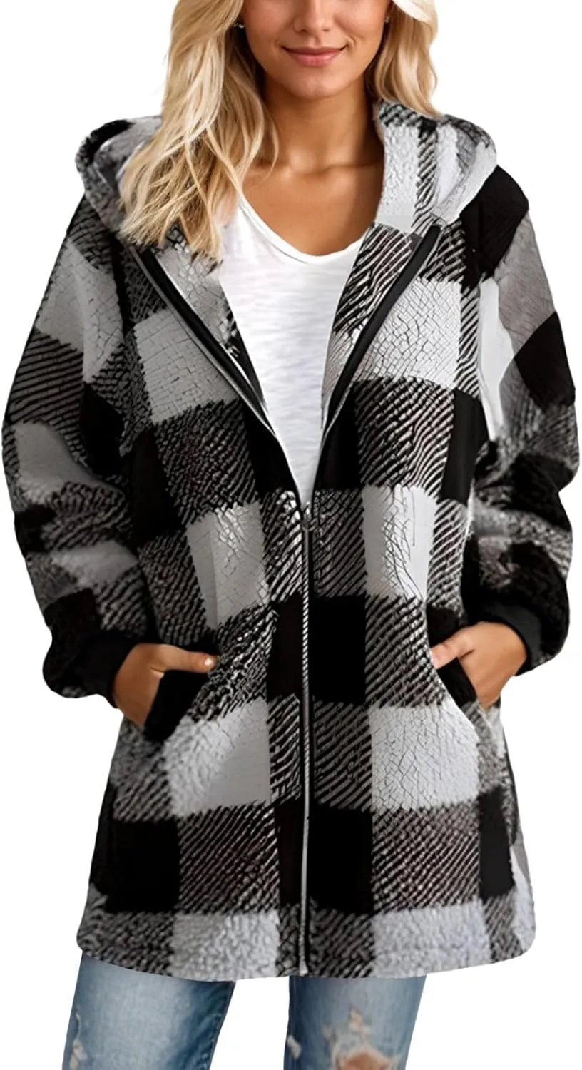 PETYCZEN Fleece Jacket Women Zip Up Fuzzy Sherpa Plaid Jacket with Hood Plus Size Teddy Coats Warm Fluffy Cardigan Jakcet