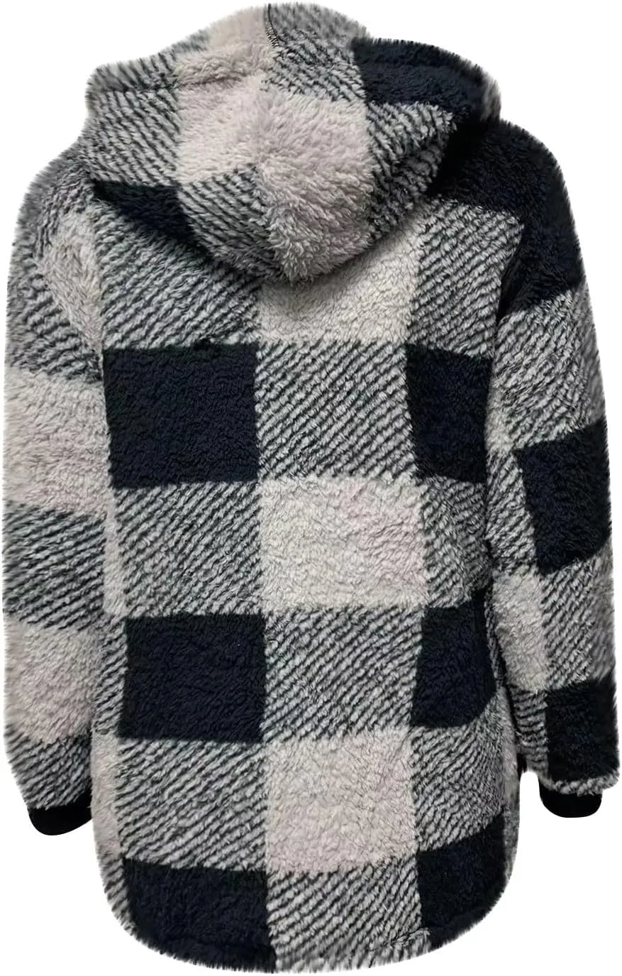 PETYCZEN Fleece Jacket Women Zip Up Fuzzy Sherpa Plaid Jacket with Hood Plus Size Teddy Coats Warm Fluffy Cardigan Jakcet
