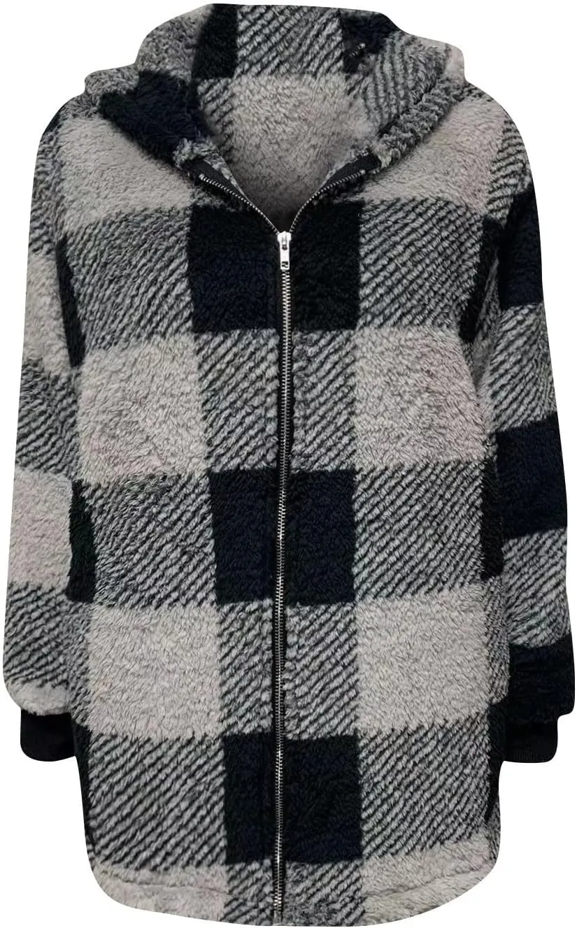 PETYCZEN Fleece Jacket Women Zip Up Fuzzy Sherpa Plaid Jacket with Hood Plus Size Teddy Coats Warm Fluffy Cardigan Jakcet