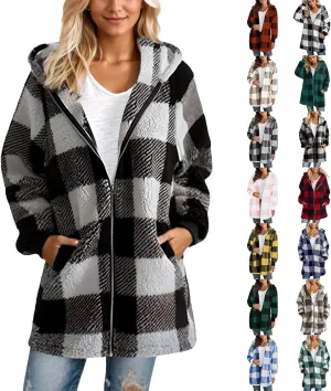 PETYCZEN Fleece Jacket Women Zip Up Fuzzy Sherpa Plaid Jacket with Hood Plus Size Teddy Coats Warm Fluffy Cardigan Jakcet