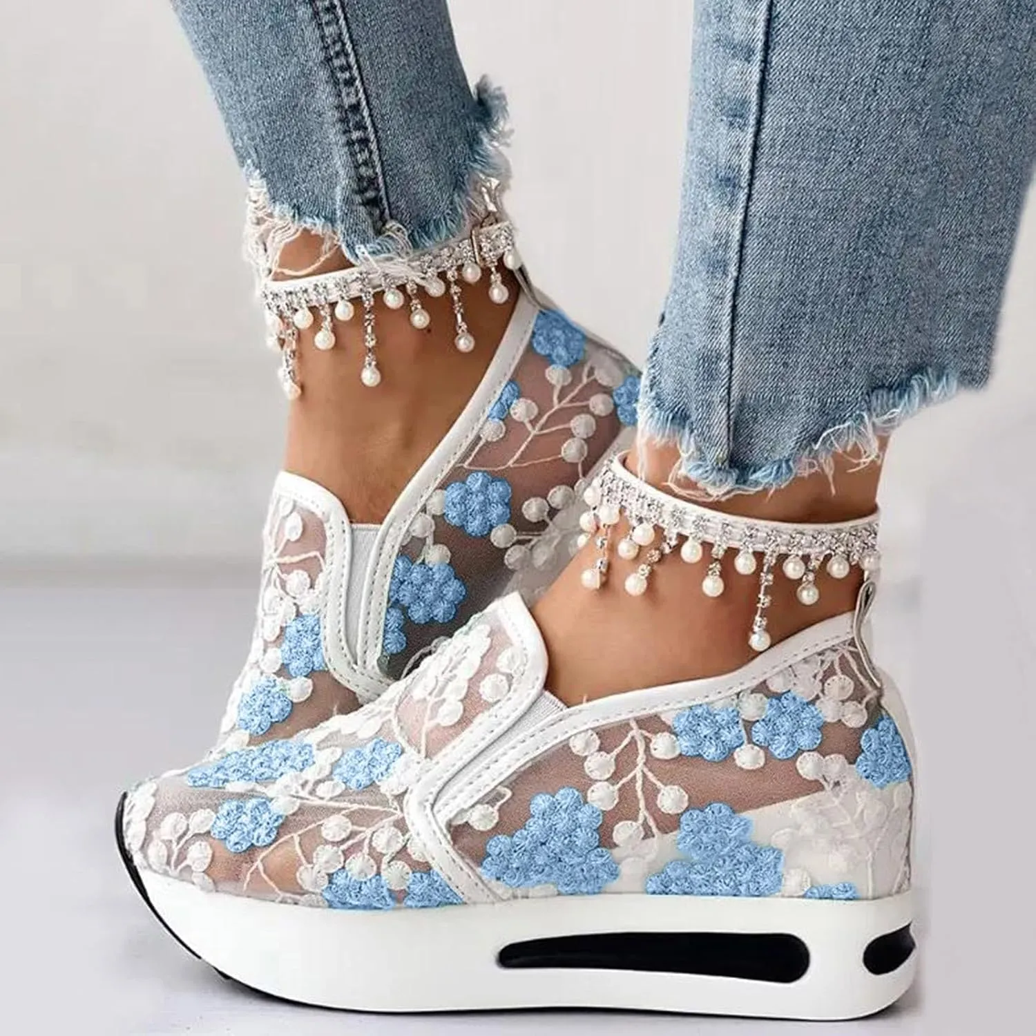 Platform Sneakers for Women Dressy Summer Shoes Lightweight Walking Shoes Fashion Casual Sneakers Comfortable Embroidery Floral Shoe Mesh Breathable Slip On Footwear Floral Loafers
