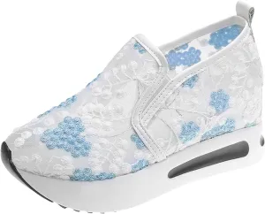 Platform Sneakers for Women Dressy Summer Shoes Lightweight Walking Shoes Fashion Casual Sneakers Comfortable Embroidery Floral Shoe Mesh Breathable Slip On Footwear Floral Loafers