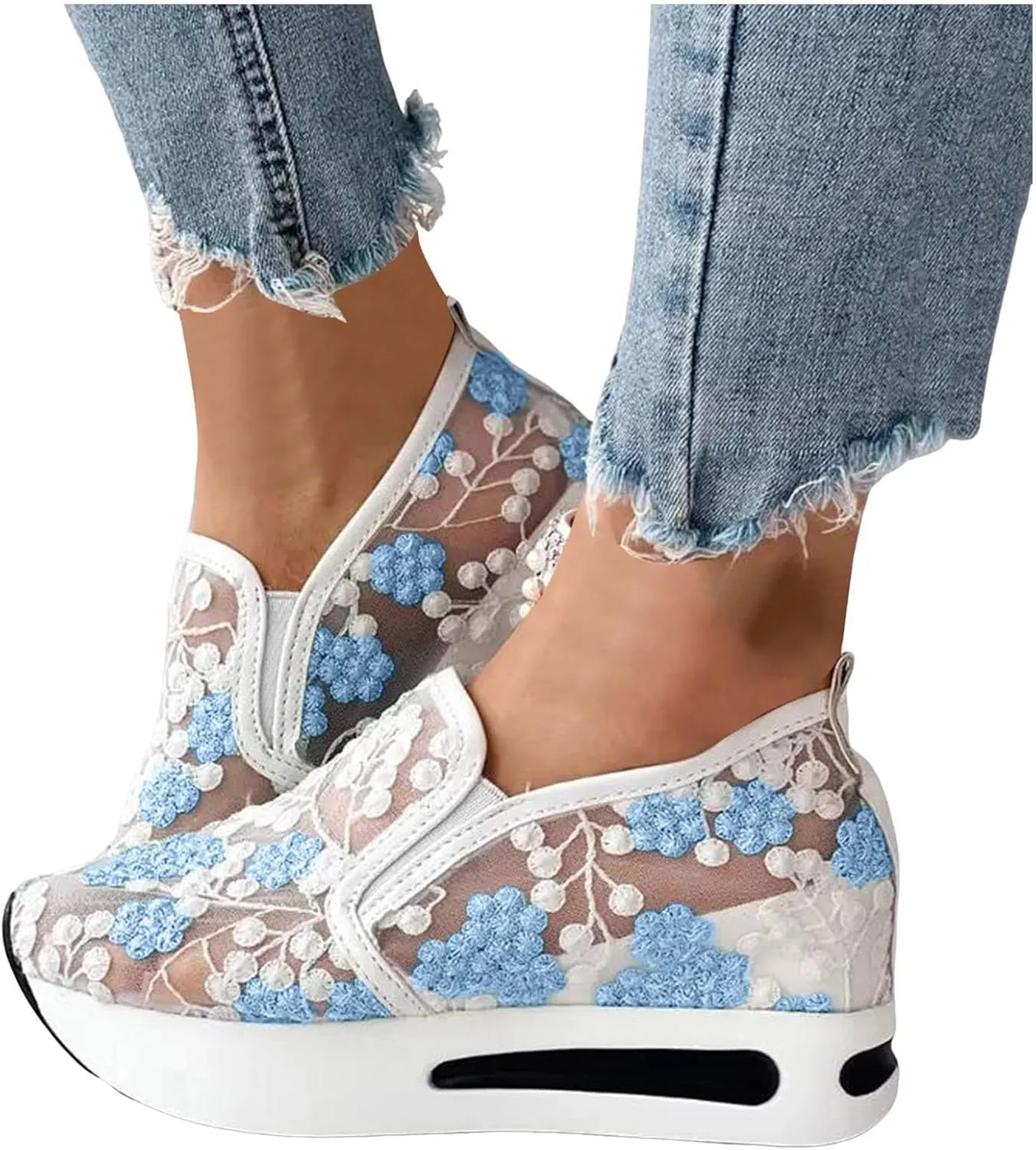 Platform Sneakers for Women Dressy Summer Shoes Lightweight Walking Shoes Fashion Casual Sneakers Comfortable Embroidery Floral Shoe Mesh Breathable Slip On Footwear Floral Loafers