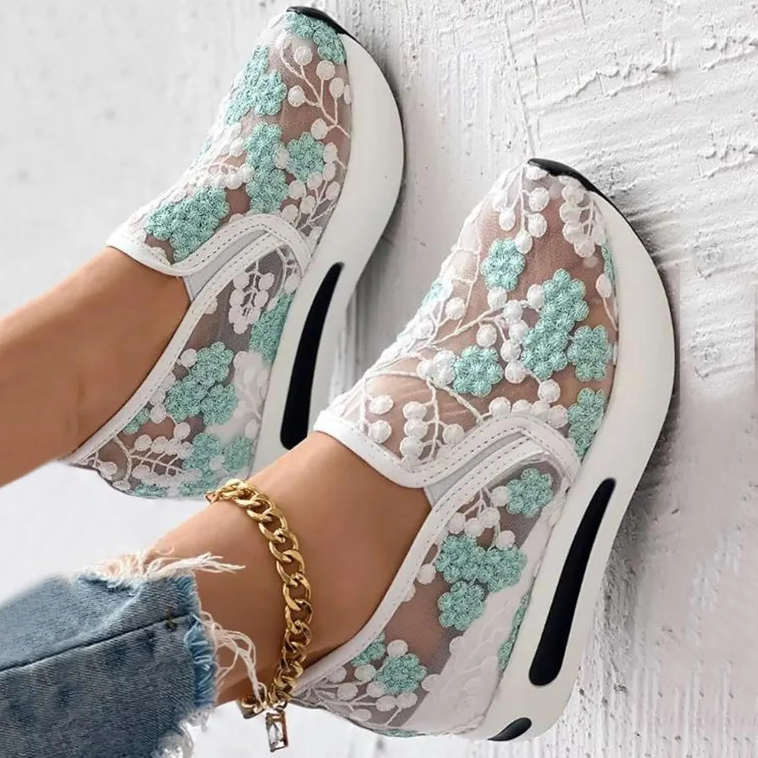 Platform Wedge Sneakers for Women Breathable Sheer Mesh Lace Floral Embroidery Sneakers Comfort Chunky Sole Slip On Loafers Casual Low Top Gym Shoes