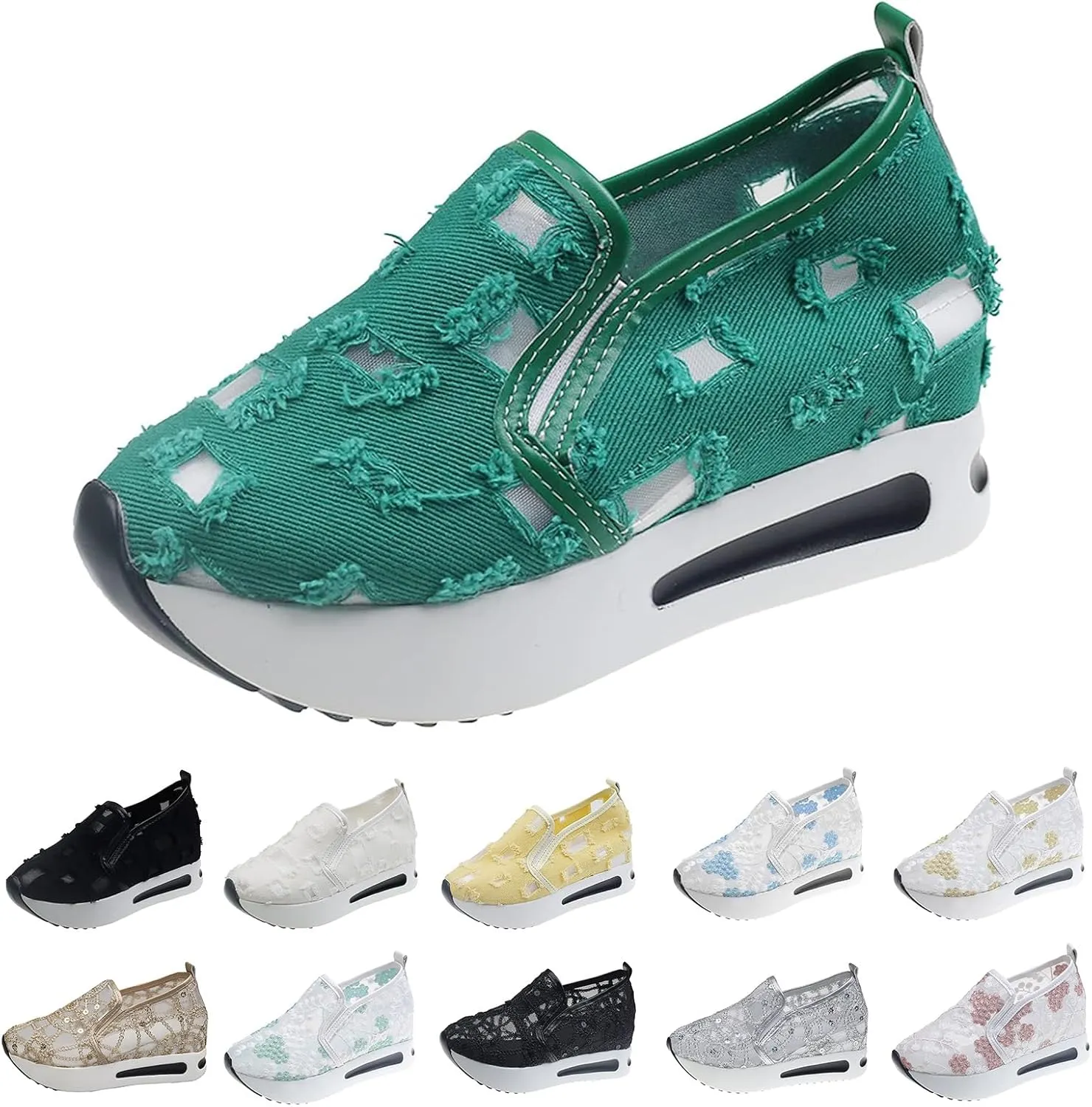 Platform Wedge Sneakers for Women Breathable Sheer Mesh Lace Floral Embroidery Sneakers Comfort Chunky Sole Slip On Loafers Casual Low Top Gym Shoes