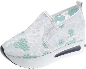 Platform Wedge Sneakers for Women Breathable Sheer Mesh Lace Floral Embroidery Sneakers Comfort Chunky Sole Slip On Loafers Casual Low Top Gym Shoes
