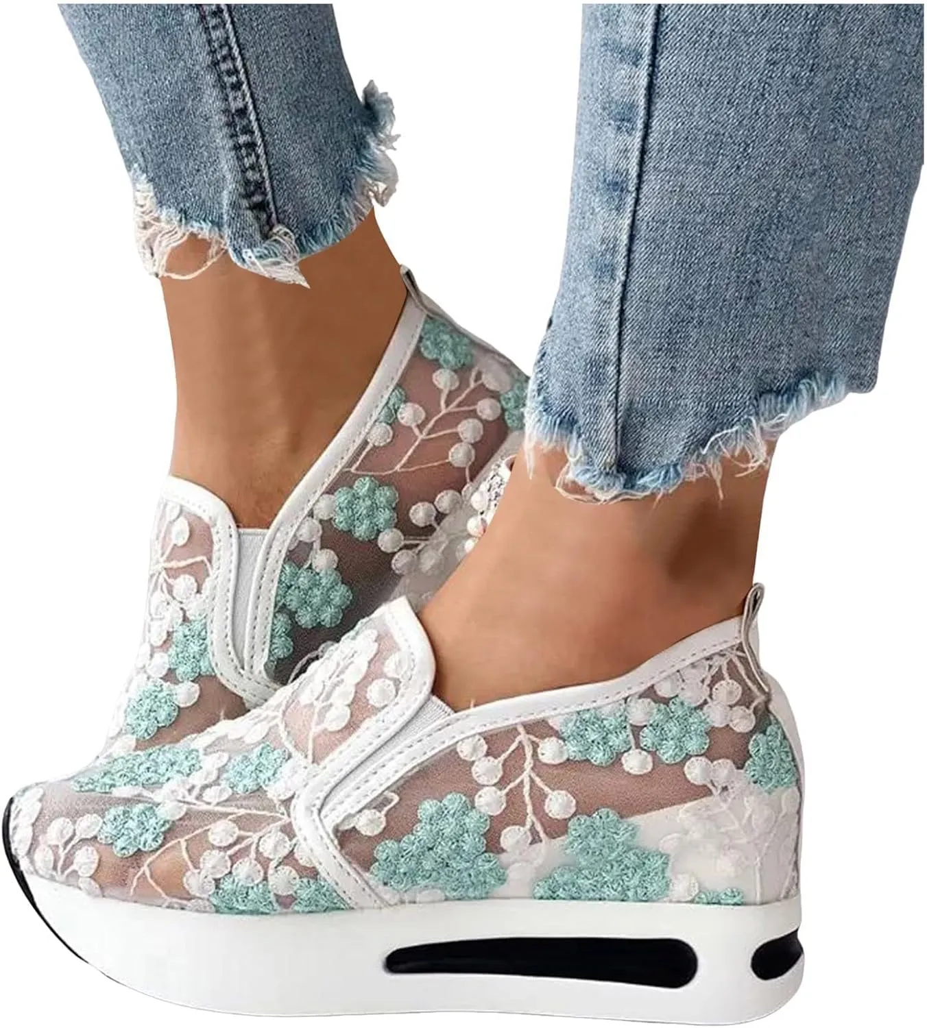 Platform Wedge Sneakers for Women Breathable Sheer Mesh Lace Floral Embroidery Sneakers Comfort Chunky Sole Slip On Loafers Casual Low Top Gym Shoes