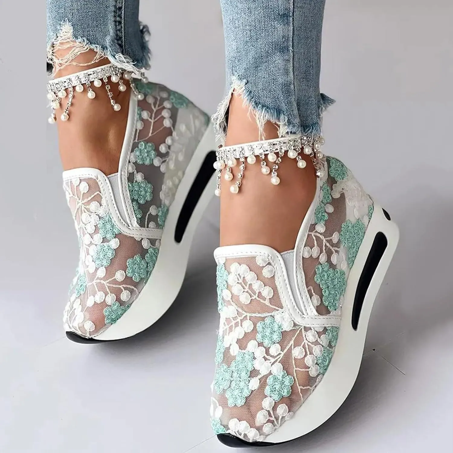 Platform Wedge Sneakers for Women Breathable Sheer Mesh Lace Floral Embroidery Sneakers Comfort Chunky Sole Slip On Loafers Casual Low Top Gym Shoes