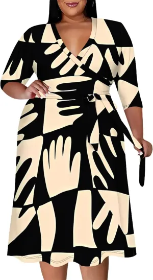Plus Size Dress for Women Flowy 3/4 Sleeve V Neck Printing Midi Dresses Sexy Wrap Cocktail Party Dress Empire Waist with Belt