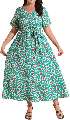 Plus Size Dress for Women High Waist V Neck Short Sleeve Midi Beach Sundress Floral Print Cocktail Party Dresses