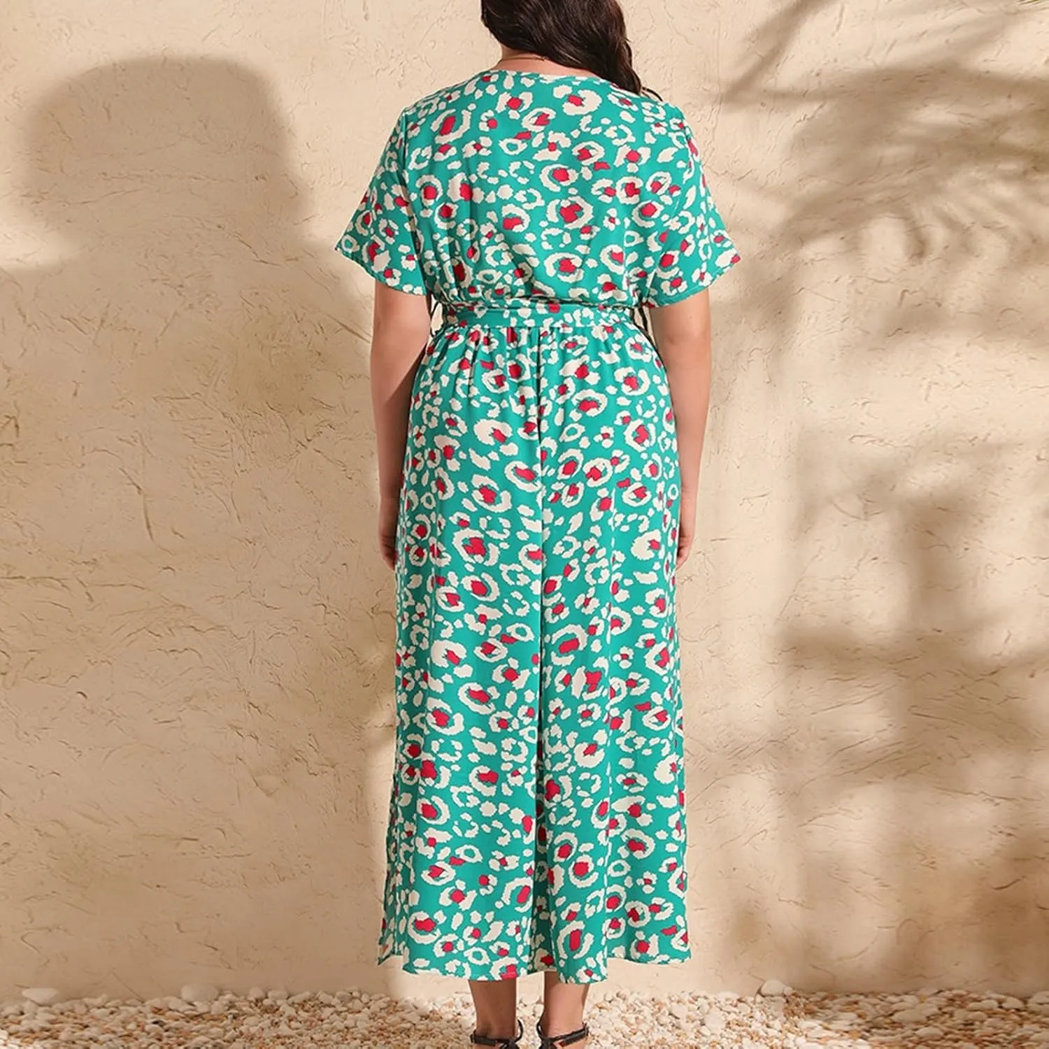 Plus Size Dress for Women High Waist V Neck Short Sleeve Midi Beach Sundress Floral Print Cocktail Party Dresses
