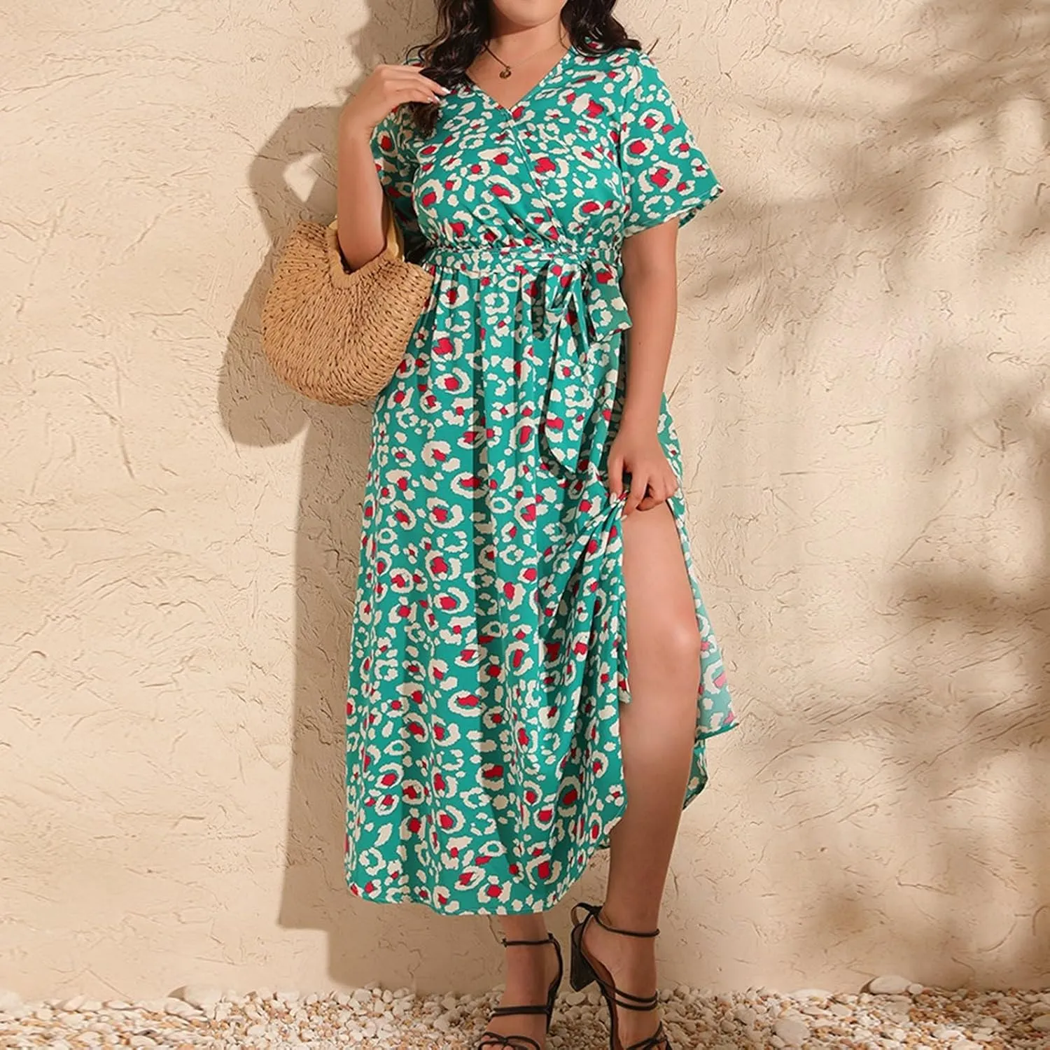 Plus Size Dress for Women High Waist V Neck Short Sleeve Midi Beach Sundress Floral Print Cocktail Party Dresses