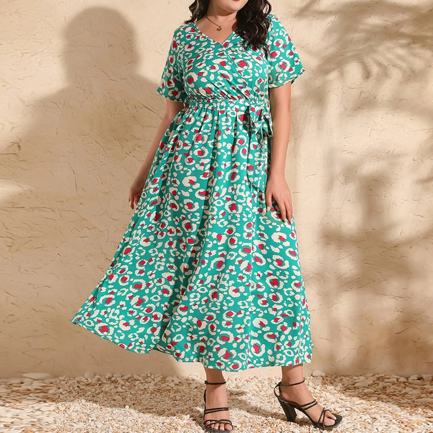 Plus Size Dress for Women High Waist V Neck Short Sleeve Midi Beach Sundress Floral Print Cocktail Party Dresses