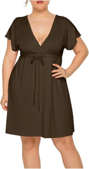 Plus Size Dress for Women Summer Casual Loose Fit Deep V Short Sleeve Elegant Dresses Solid Color Pleated Mini Dress