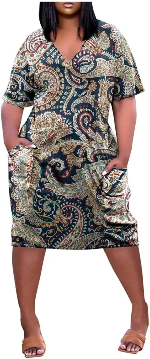 Plus Size Dresses for Curvy Women 2025 Summer Casual Short Sleeve Midi Dress with Pockets A Line T Shirt Beach Vacation Dress