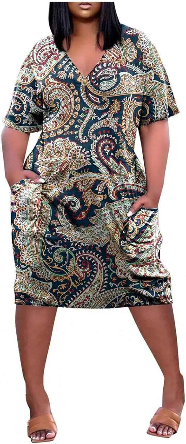 Plus Size Dresses for Curvy Women 2025 Summer Casual Short Sleeve Midi Dress with Pockets A Line T Shirt Beach Vacation Dress
