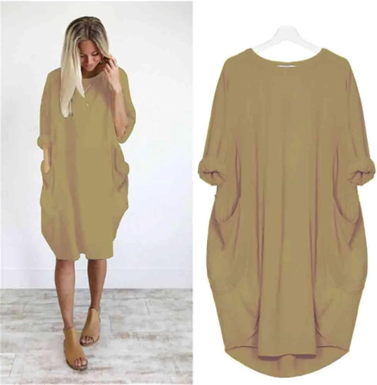 Plus Size Dresses for Curvy Women Casual Roll-Up Oversized Tunic Dress Loose Baggy Tshirt Midi Derss Tops with Pockets