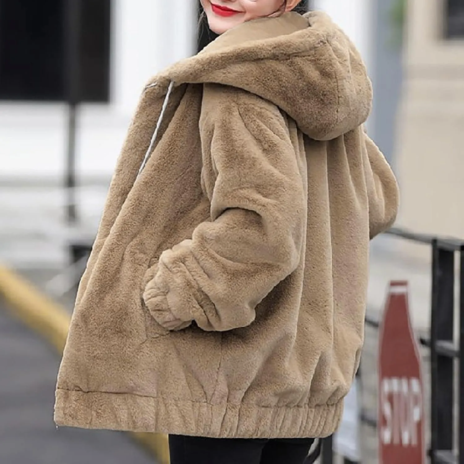Plus Size Winter Coats for Women Warm Comfy Fuzzy Fleece Jacket Full Zip Plush Hooded Cardigan Outerwear with Pocket