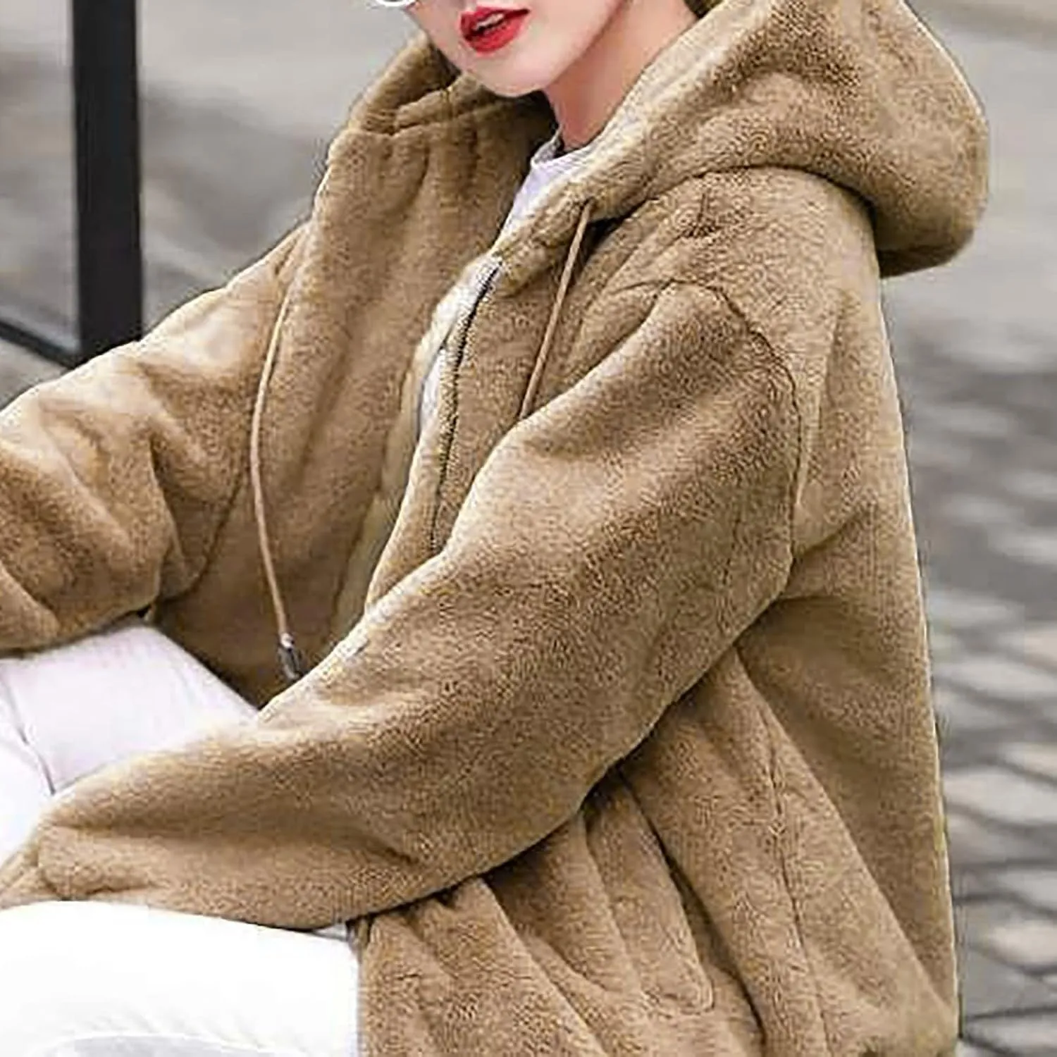 Plus Size Winter Coats for Women Warm Comfy Fuzzy Fleece Jacket Full Zip Plush Hooded Cardigan Outerwear with Pocket
