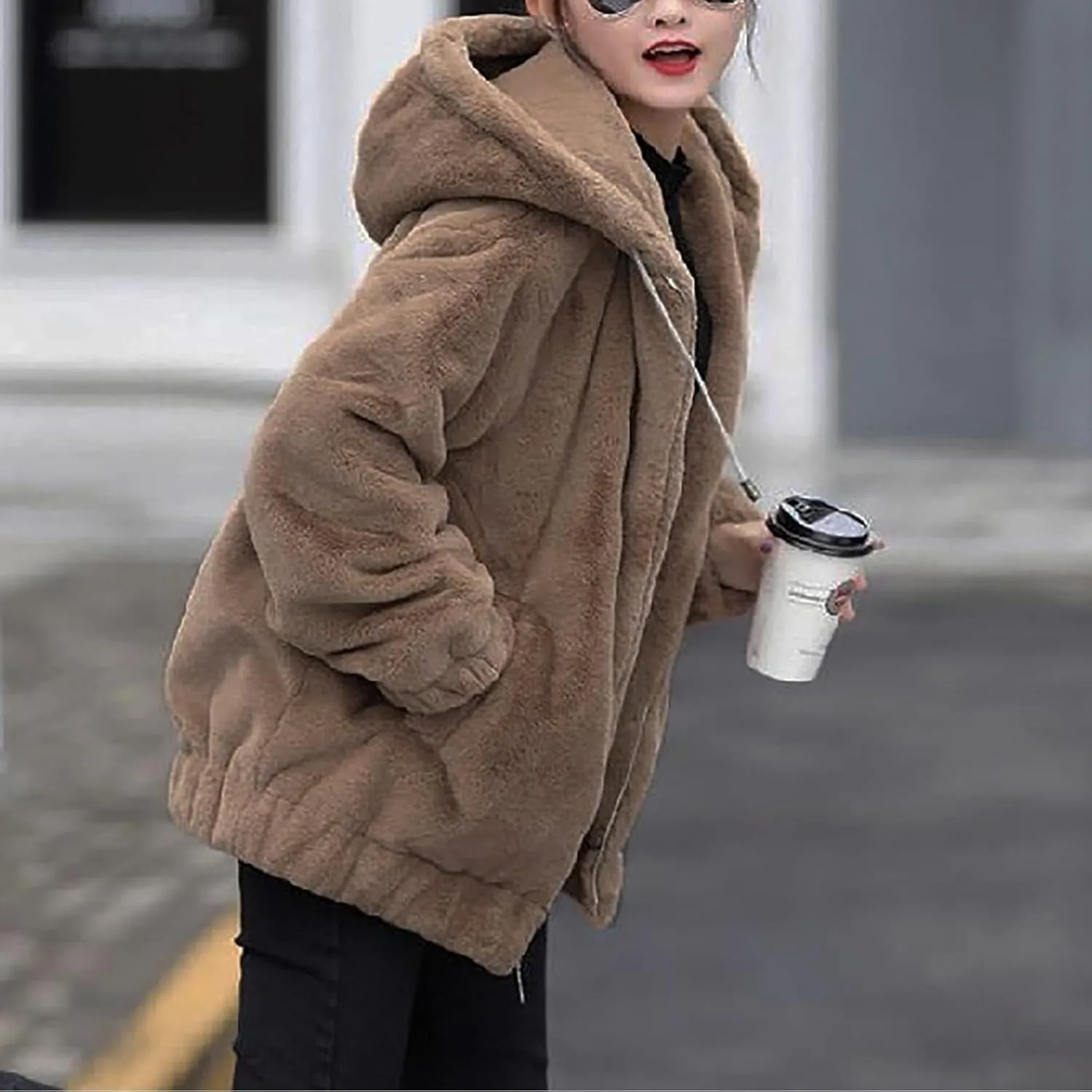 Plus Size Winter Coats for Women Warm Comfy Fuzzy Fleece Jacket Full Zip Plush Hooded Cardigan Outerwear with Pocket